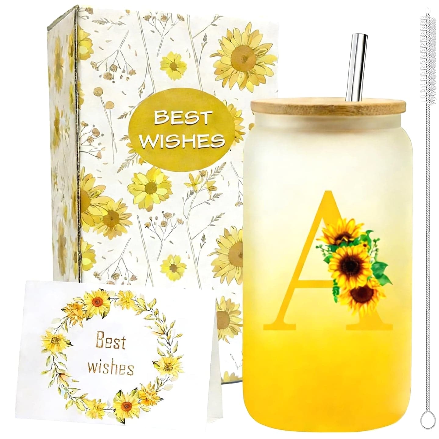 Personalized Gifts for Women, Initial Glass Cup with Lid and Straw