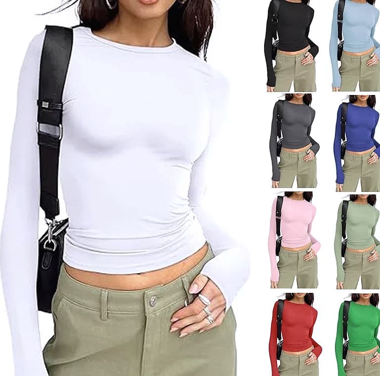 Women's Long Sleeve Crew Neck T-Shirt Slim Fit Solid Tee