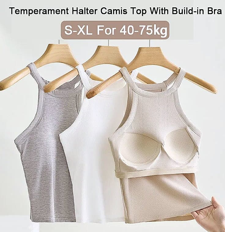 UBOWEN Threaded Halter Neck Camisole with Built-in Bra