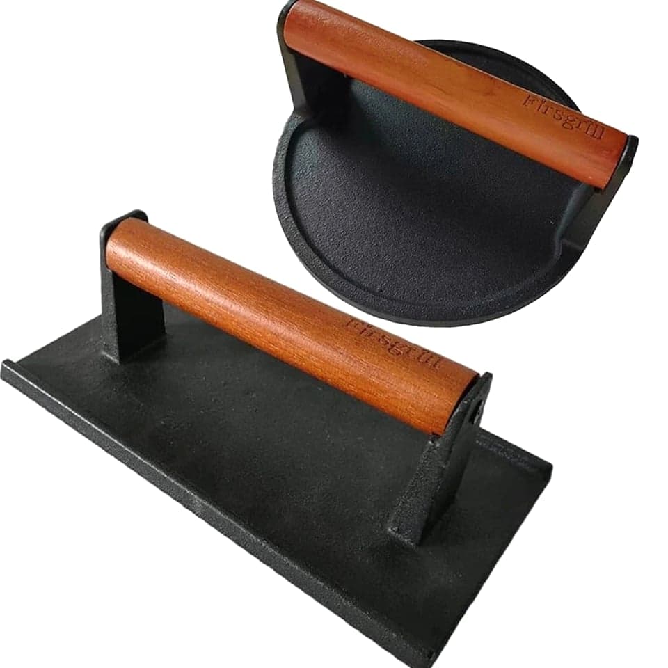 Burger Press 6.6" Round Heavy-Duty Cast Iron Smash Meat Steak with Wooden Handle