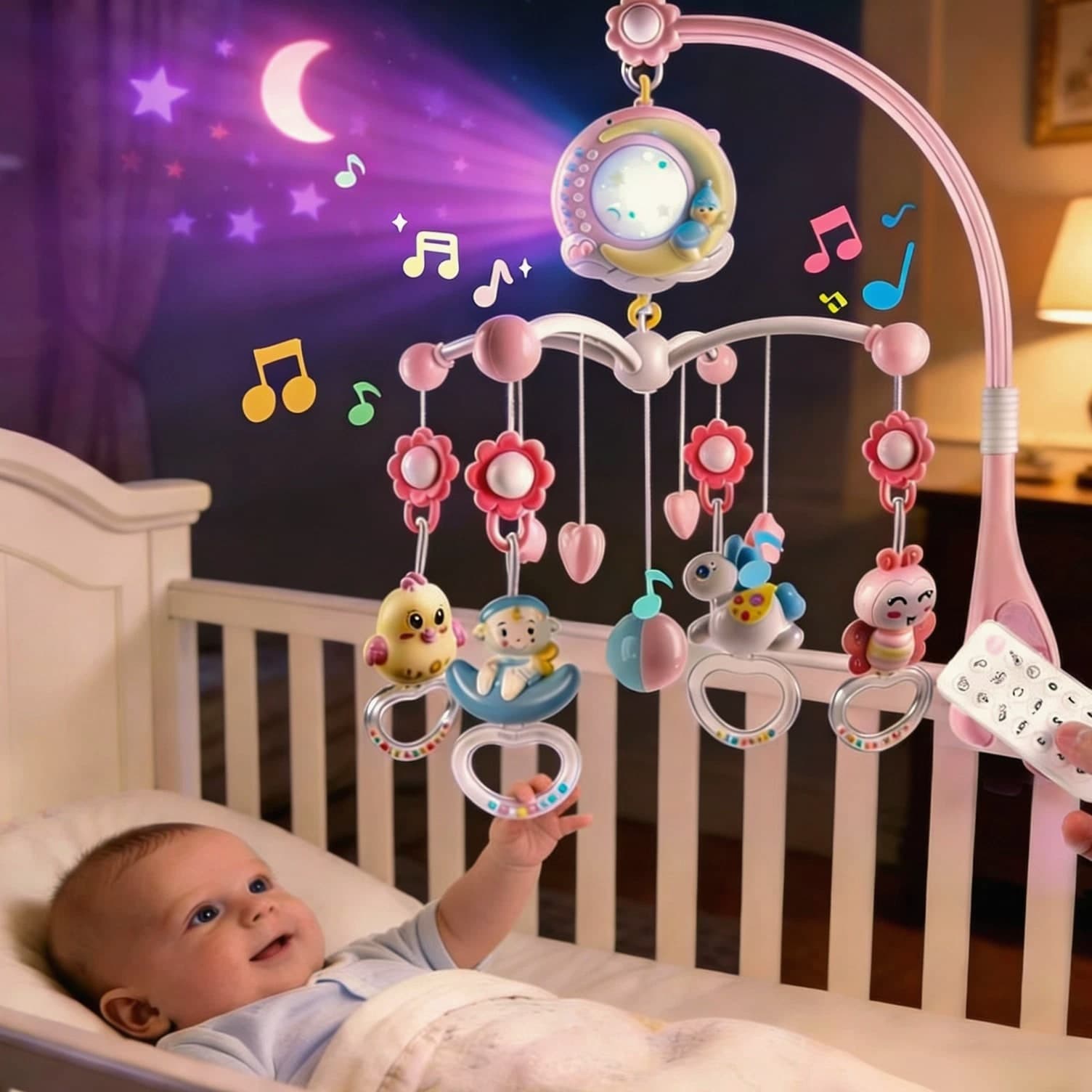 Baby Crib Mobile with Music and Lights, Moon and Star Projector Toys with 108 Songs