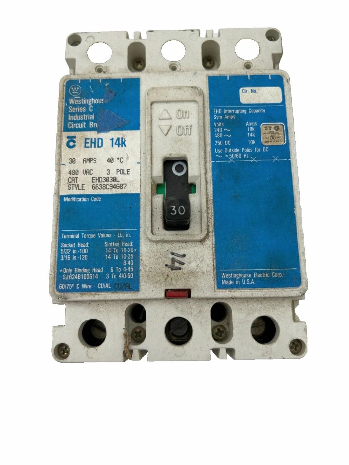 Westinghouse EHD3030L Circuit Breaker EHD 14K, 30A, 3 Pole, 480 VAC—Industrial