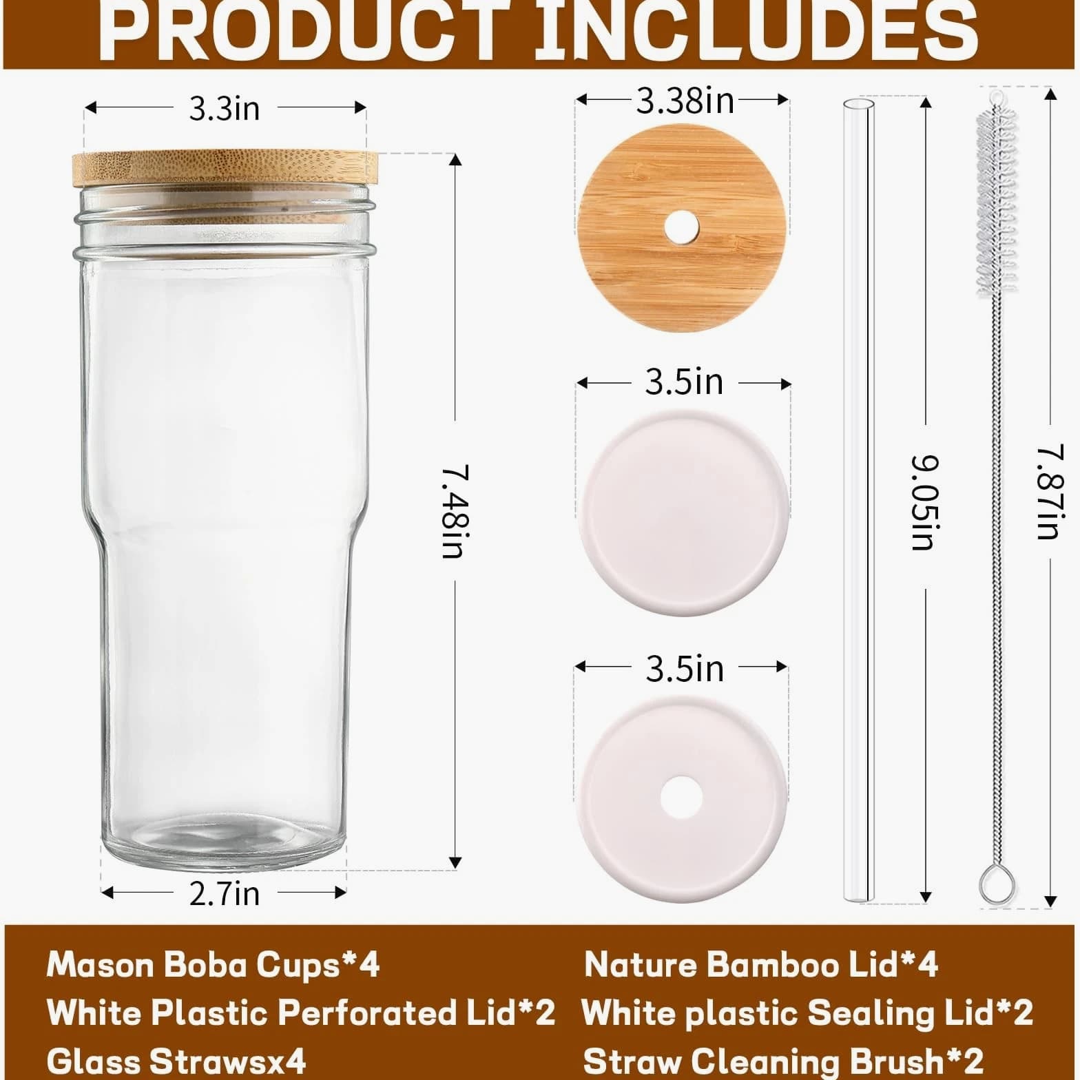 Mason Jar with Lid and Straw, 24 oz Iced Coffee Cup with Bamboo Lid & Straw...