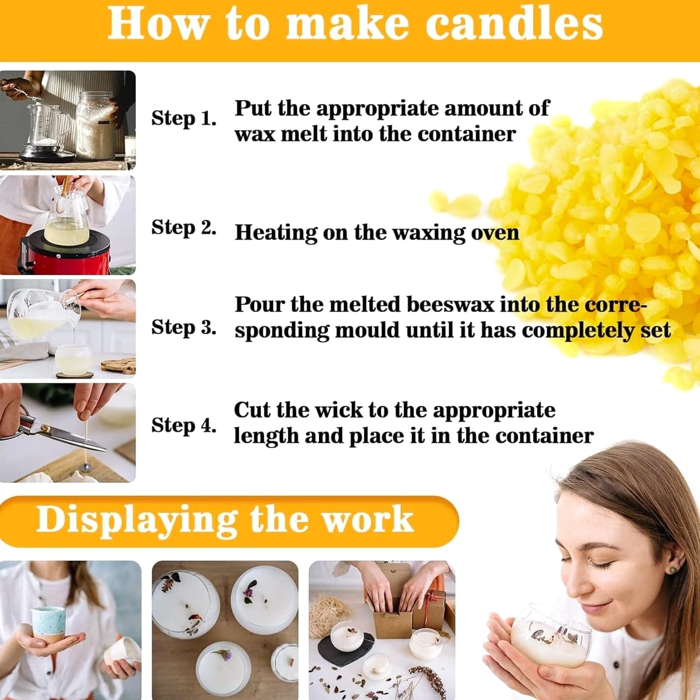 Yellow Natural Beeswax Pellets 430g - Pure Pastilles Bulk Bees Wax Food Grade DIY