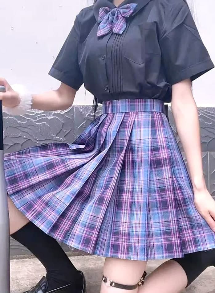 ZOKI Plaid Pleated Mini Skirt High Waist Bow Knot