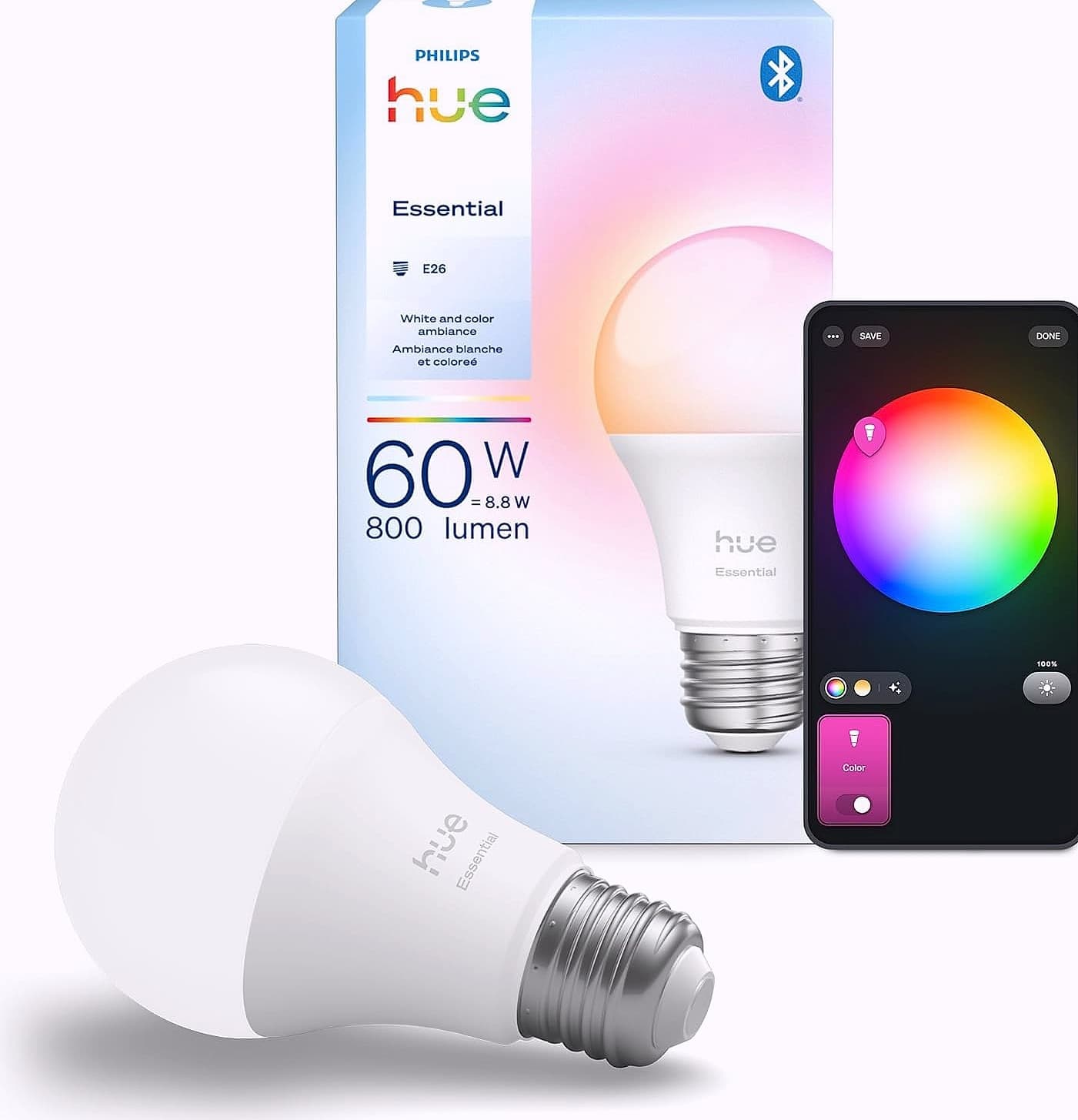 Philips Hue Essential A19 Smart LED Bulb, Color and White