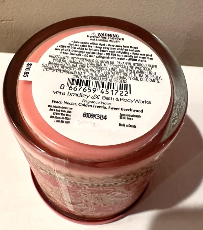 Bath & Body Works Vera Bradley Peach Blossom Nectar Single Wick Candles - 8 oz (3 Pack)