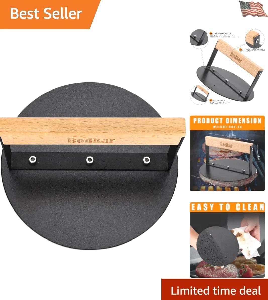 Elegant 6-Inch Round Smash Burger Press with Natural Wood Handle