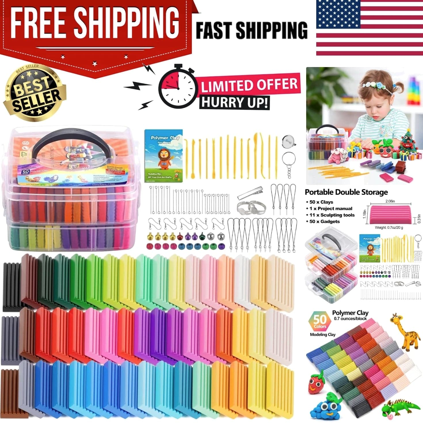 Creative Polymer Clay Starter Set - 50 Colors for Kids Age 4+ Craft Kit