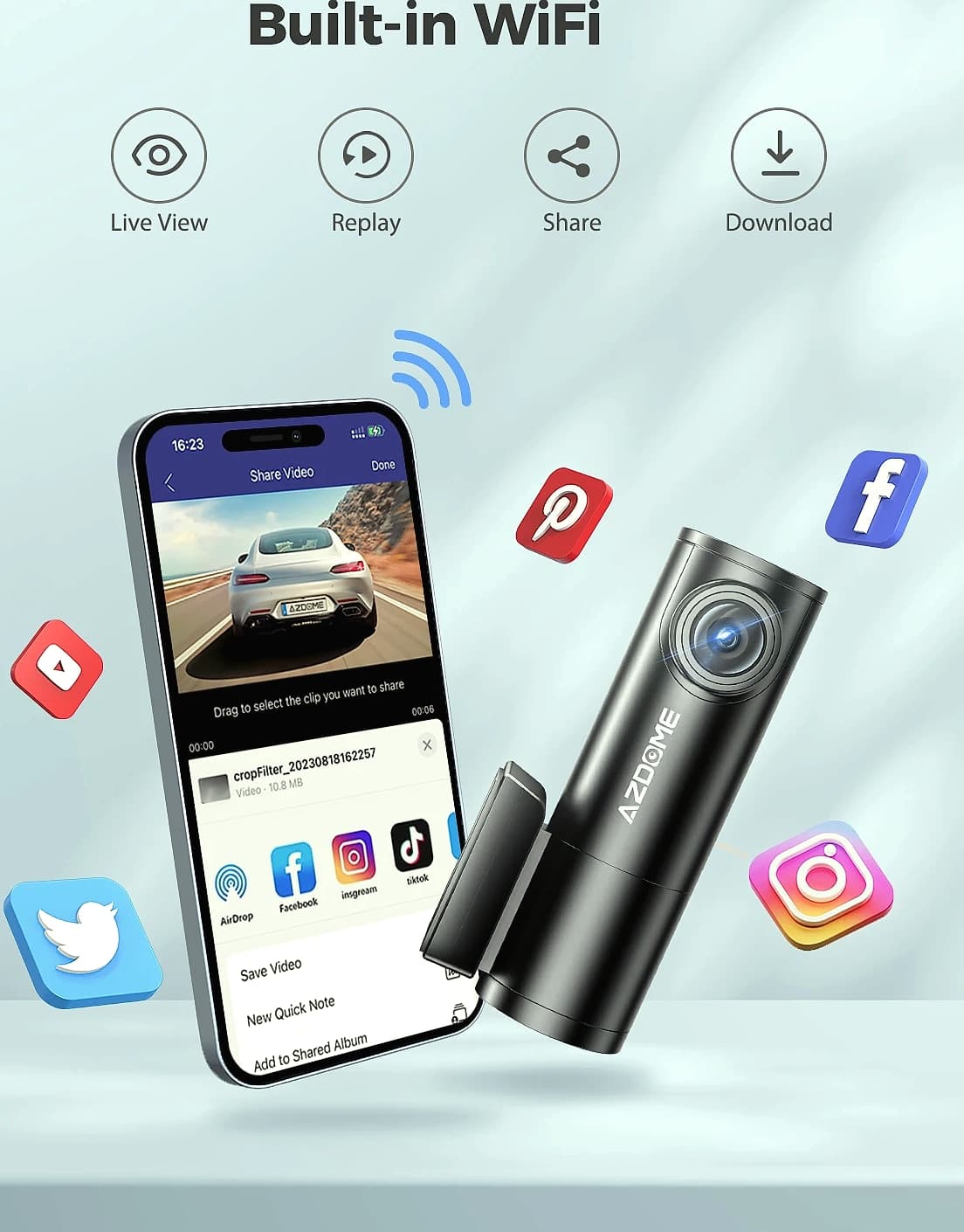 AZDOME 1296P WiFi Dash Cam with Night Vision and G-Sensor