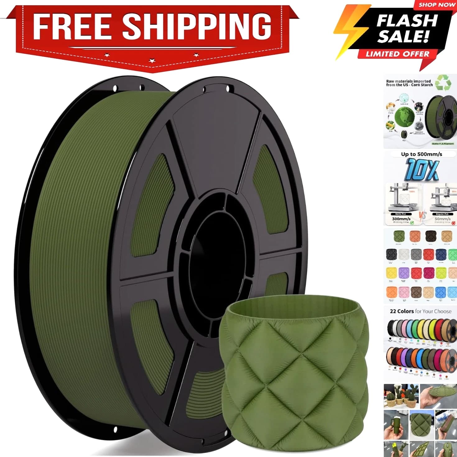Matte PLA Filament 1.75mm Army Green 30-300mm/s 3D Printer Material 1kg 2...