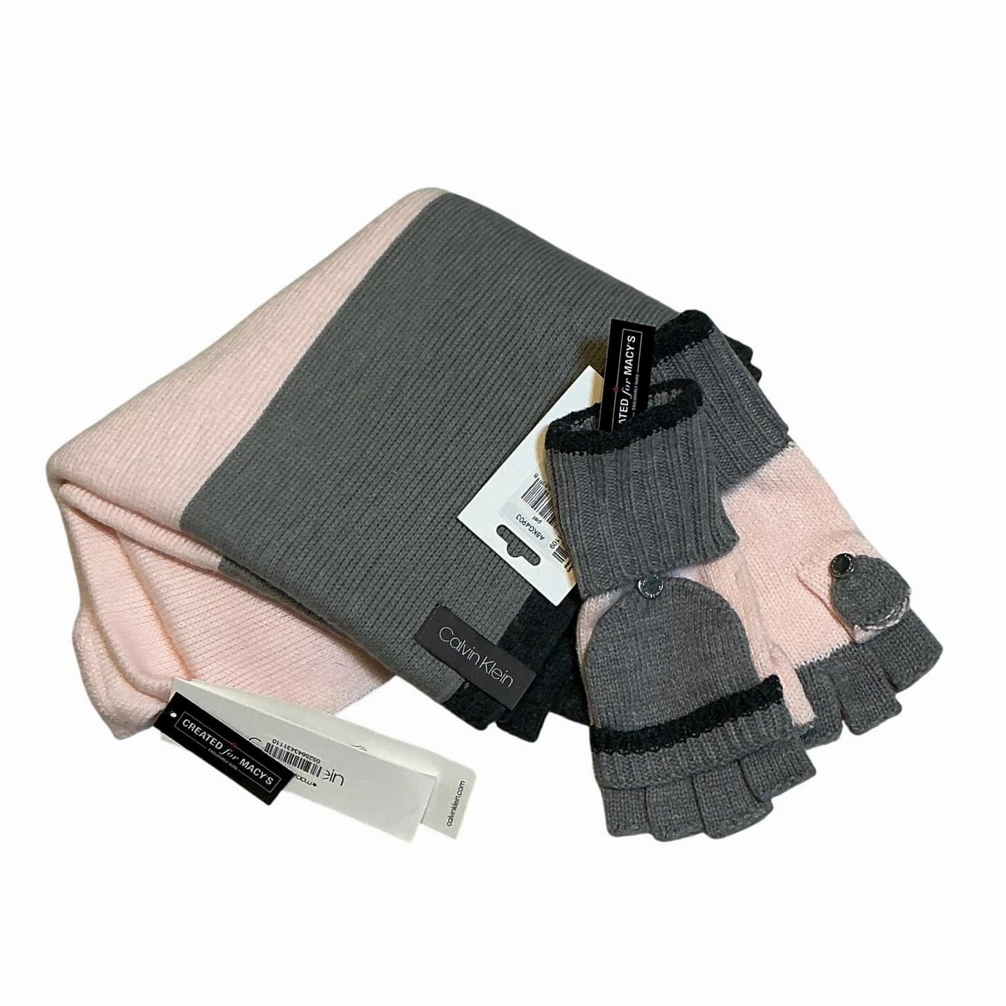 Calvin Klein Grey/Pink Flip-Top Glove Mittens and Infinity Scarf Gift Set - NEW