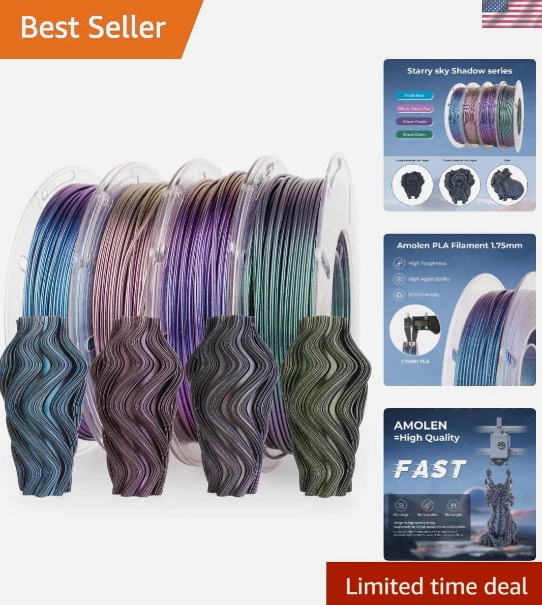 PLA 3D Printing Filament Bundle - Dark Purple, Green, Blue, Fuchsia - 200g