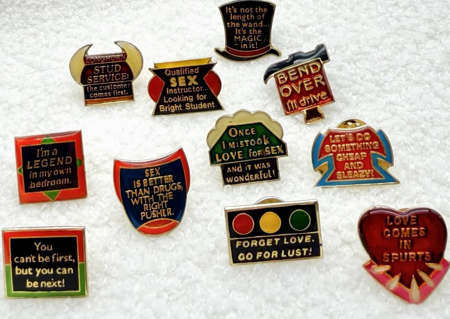 Lot of 11 Vtg 1988 Adult Humor Enamel Pins Novelty Retro Naughty Gag Gift