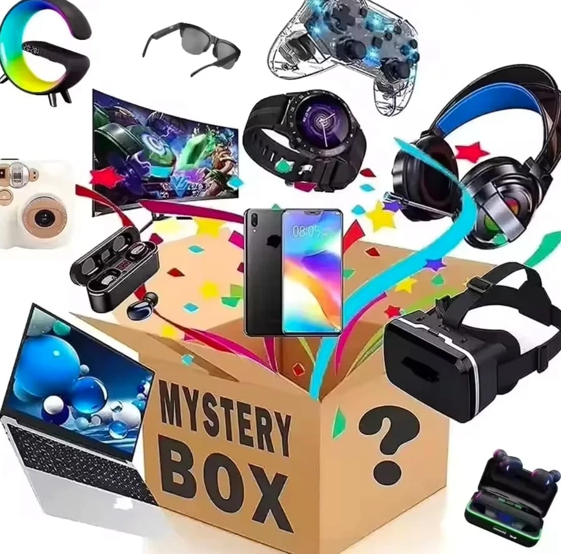 Electronics Mystery Box 1–5 Random Gadgets Smart Watch Earbuds Camera Surprise