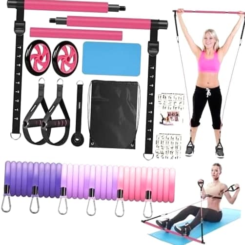 Pilates Bar Kit with Resistance Bands for Working Out, Pink Pilates Equipment