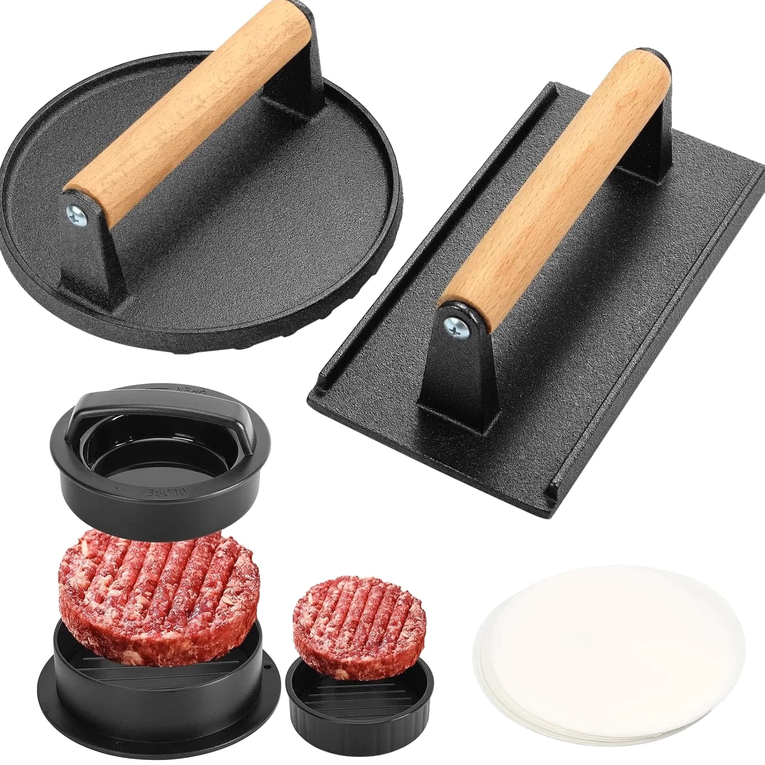 3 Pcs Smash Burger Press Kit, 6.8" Round & 8.3"x4.1" Rectangular Cast Iron Gri...