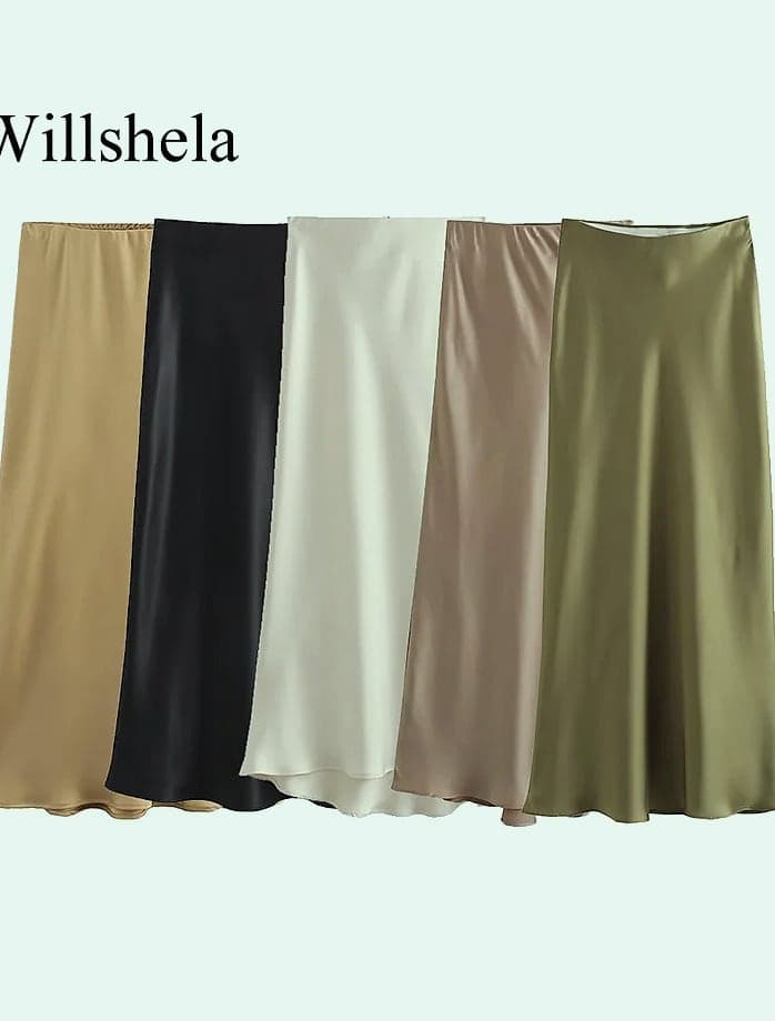 Willshela Women's Satin Pleated Midi Skirt Elastic Waist