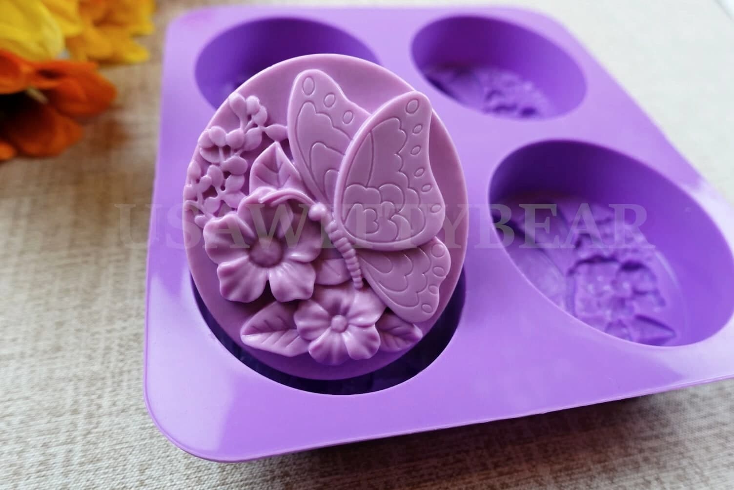 DIY 4-Cavity Butterfly Flower Oval Silicone Handmade Soap Candle Mold