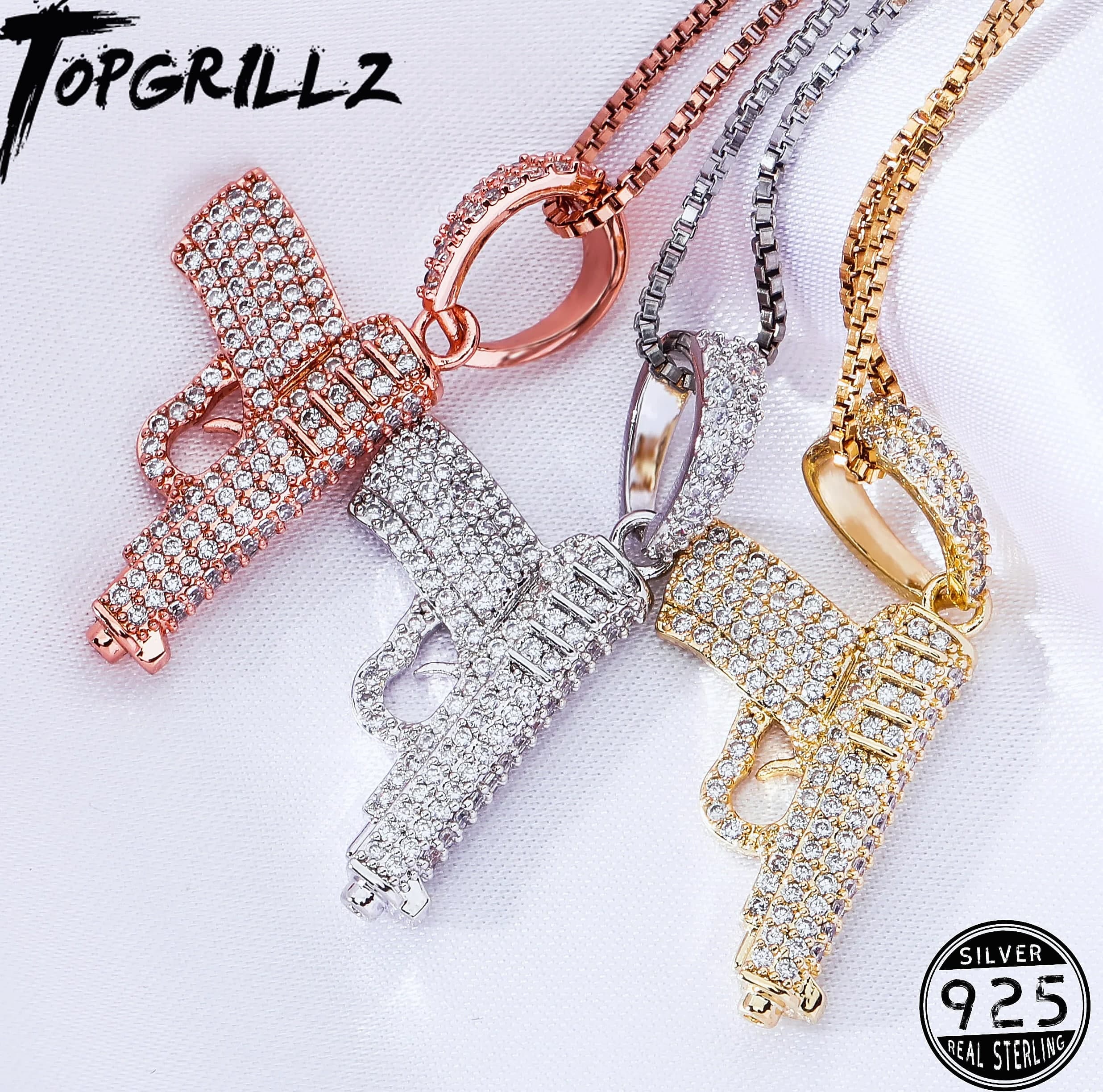 TOPGRILLZ 925 Sterling Silver Pistol Pendant Necklace