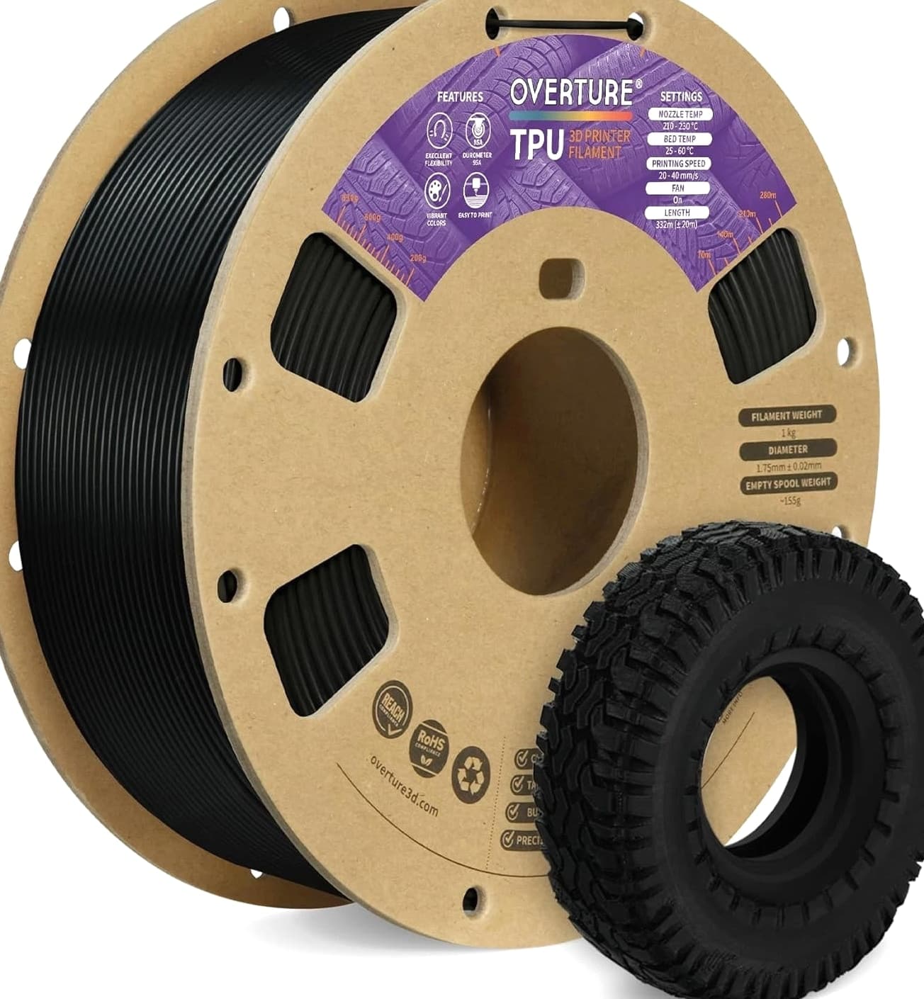TPU Filament 1.75mm Flexible Roll, 95A Soft 3D Printer Filament, 1kg Spool