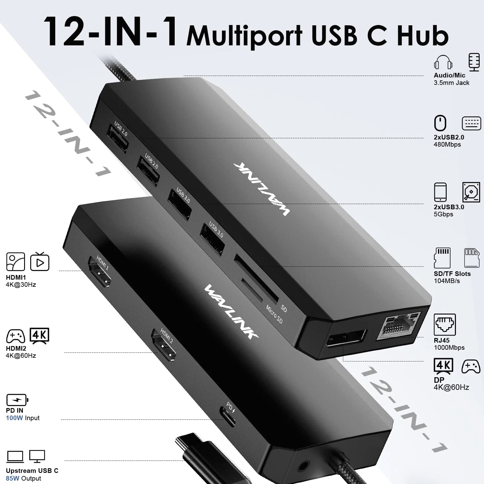12-in-1 5Gbps USB3 USB C Hub Triple Display Multiport Docking Station 2x HDMI DP RJ45