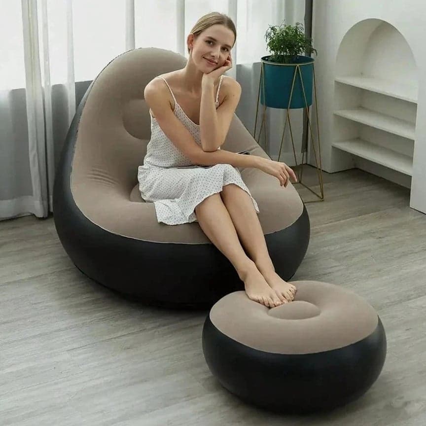 Plush Adult Inflatable Lounge Chair with Ottoman - Portable Cozy Air Sofa