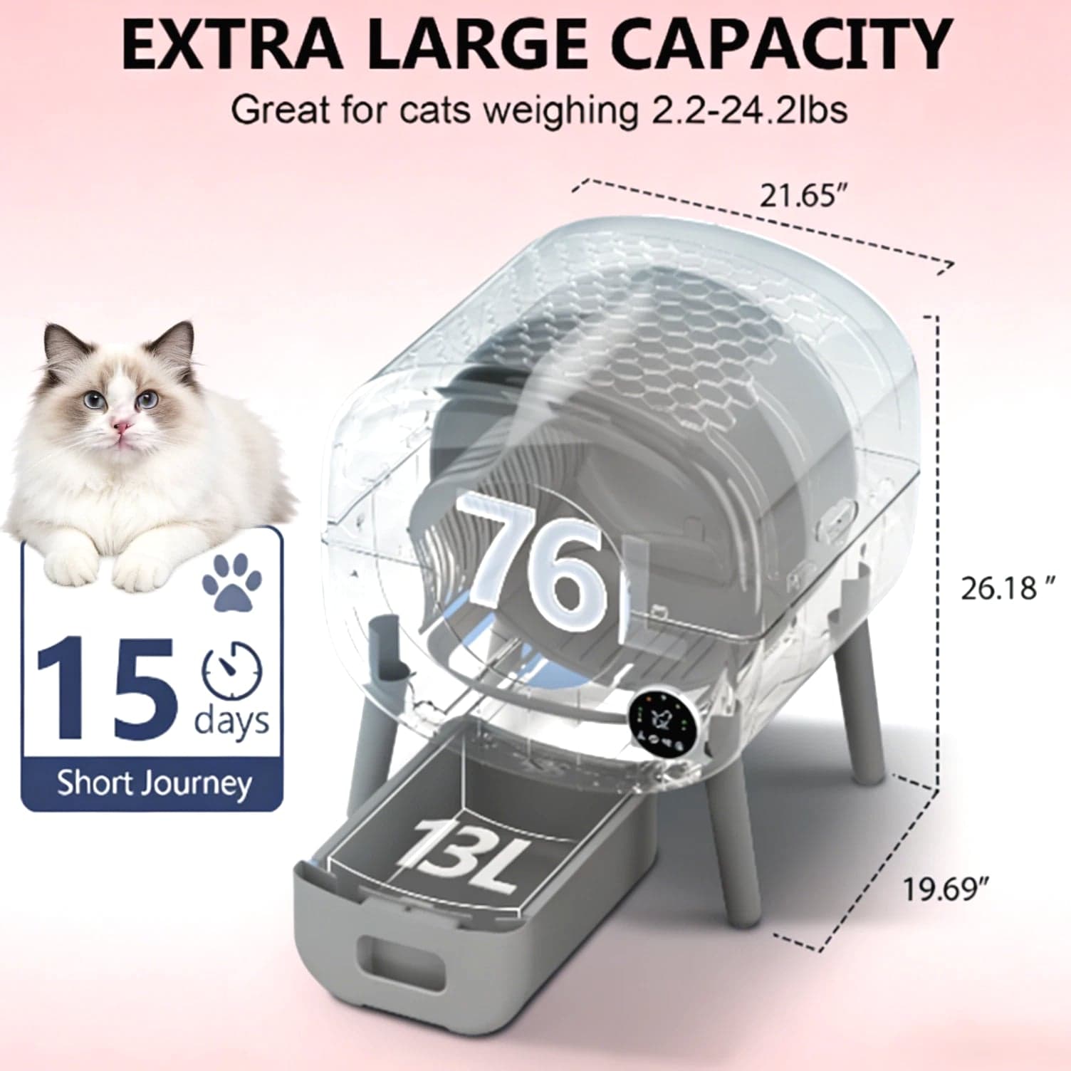 Used 95L Auto Self-Cleaning Cat Litter Box, APP Control, Multi-Cat, Safety Sensor