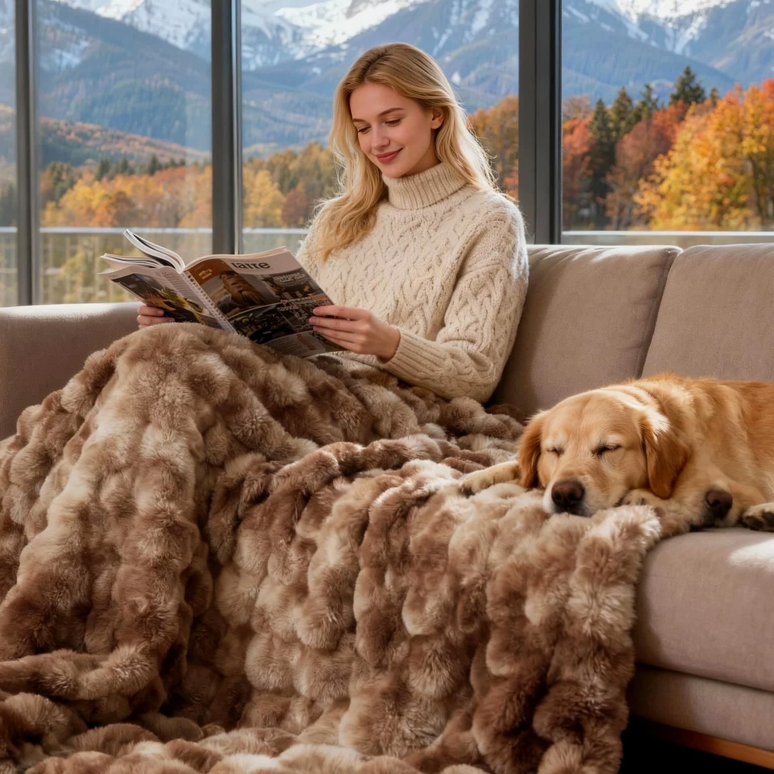 Luxury 1000GSM Faux Rabbit Fur Throw Blanket - Tie-Dye Brown, Ultra Soft Plush...