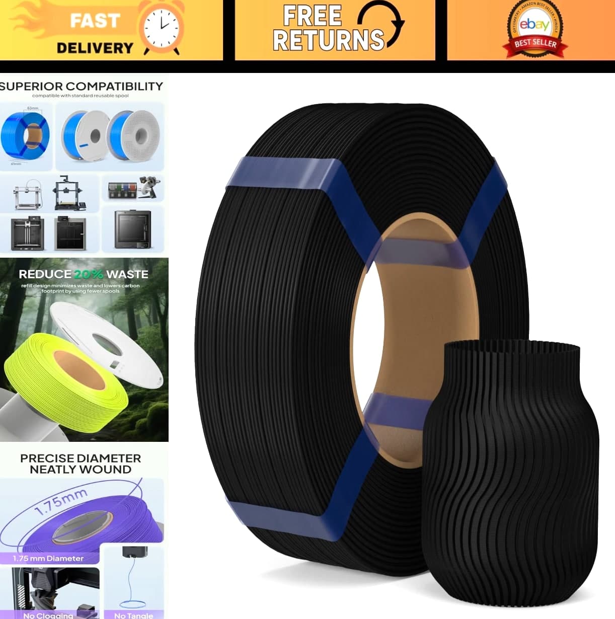 1.75mm Black PLA Filament 1KG - High Precision 3D Printer Material, No Spool