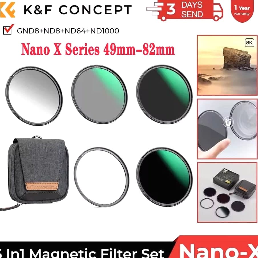 K&F Concept Magnetic Lens Filter Kit - GND8+ND8+ND64+ND1000+Adapter Ring 49mm-82mm