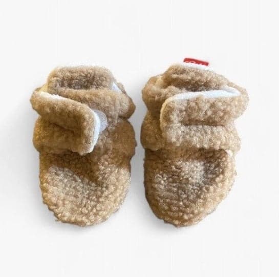 Baby Sherpa Booties Beige Plush Fleece Hook & Loop Soft Sole Shoes 3-6 Months