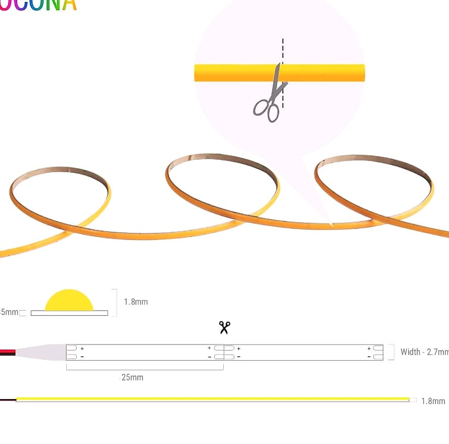 OCONA 3mm COB LED Strip Lights 480 LEDs/m DC 12V
