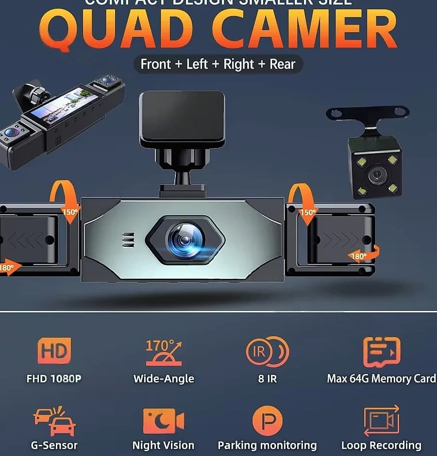 Kolvt 4 Channel 1080P Dash Cam with Front Rear Side Cameras