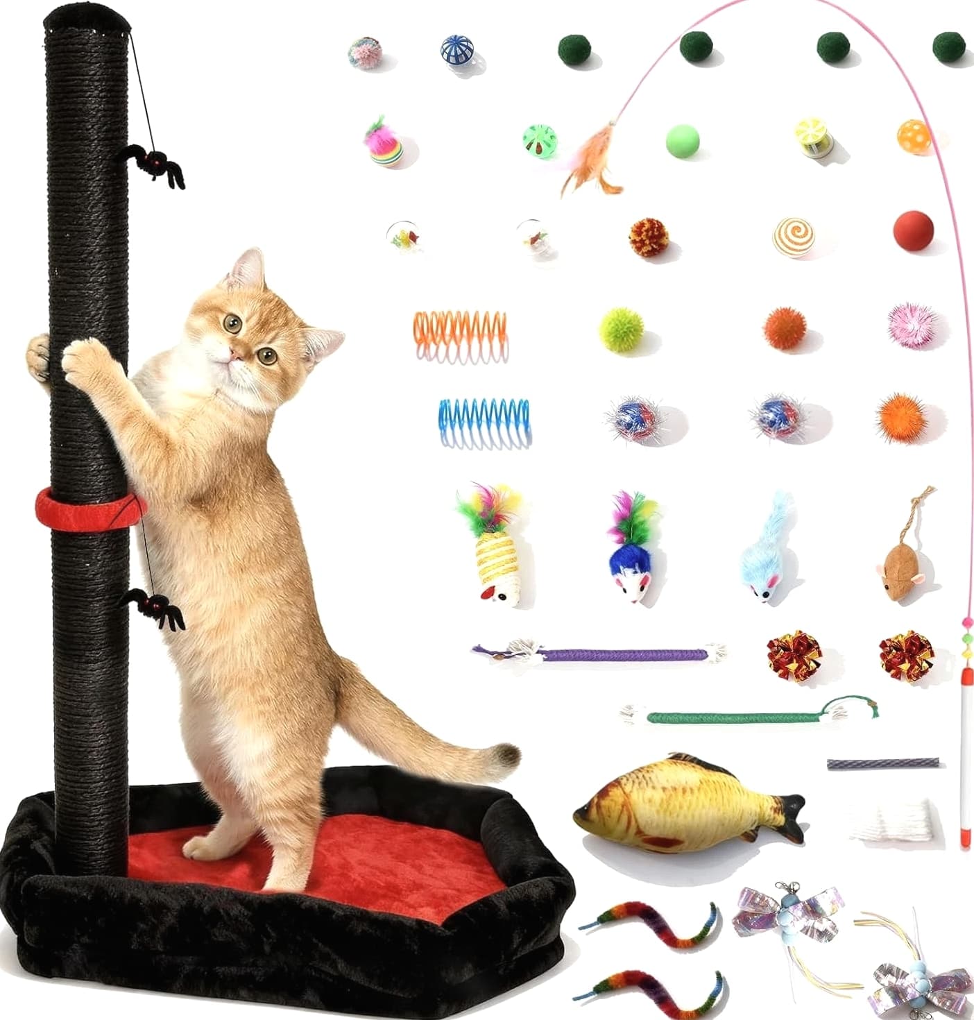 Cat Scratching Post with Cat Bed and 40 Pcs Cat Toys, 34 inch Tall Cat Scratcher