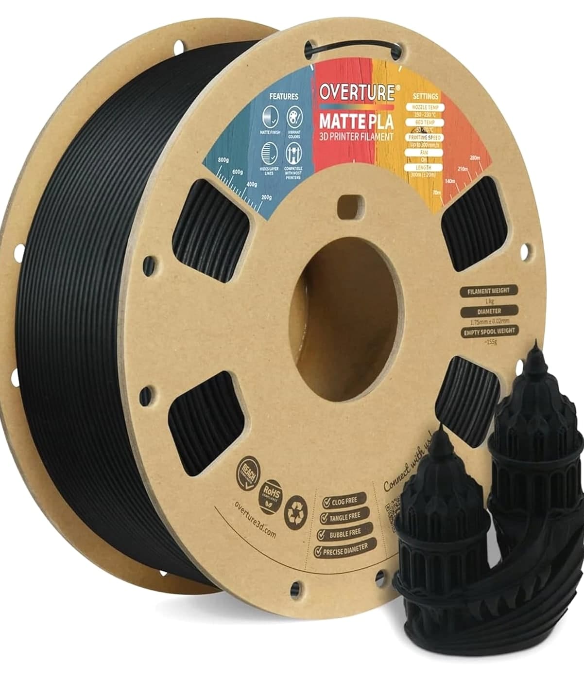 OVERTURE PLA Matte 3D Printer Filament 1.75mm, 1kg Cardboard Spool (2.2lbs)