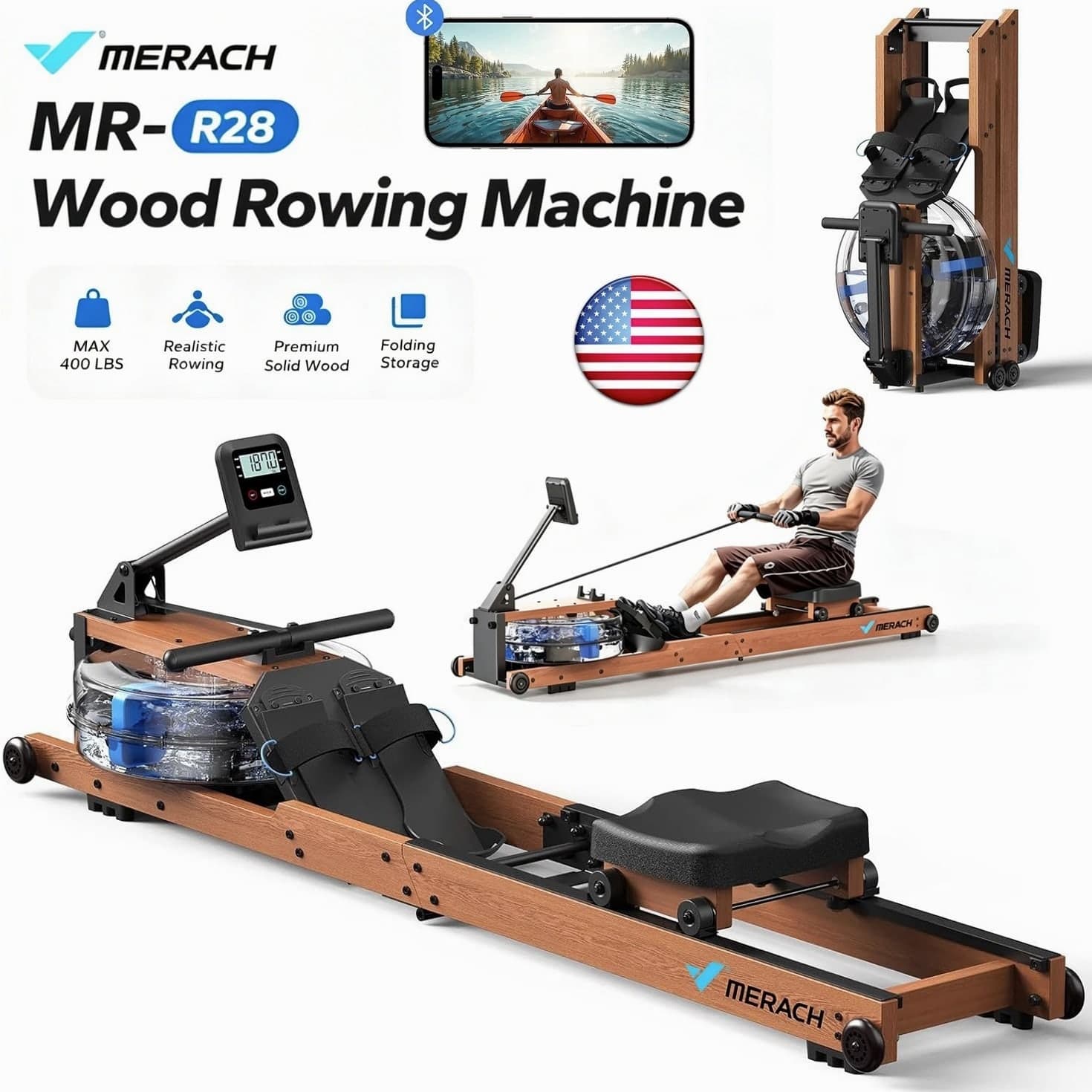 MERACH R28 Foldable Water Rowing Machine for Home Gym with 400LB Weight Capacity Wood