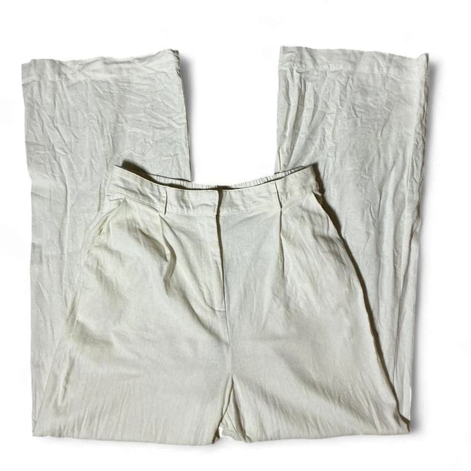 House of Harlow 1960 Cream Linen Blend Wide Leg Pleated Trousers Size M