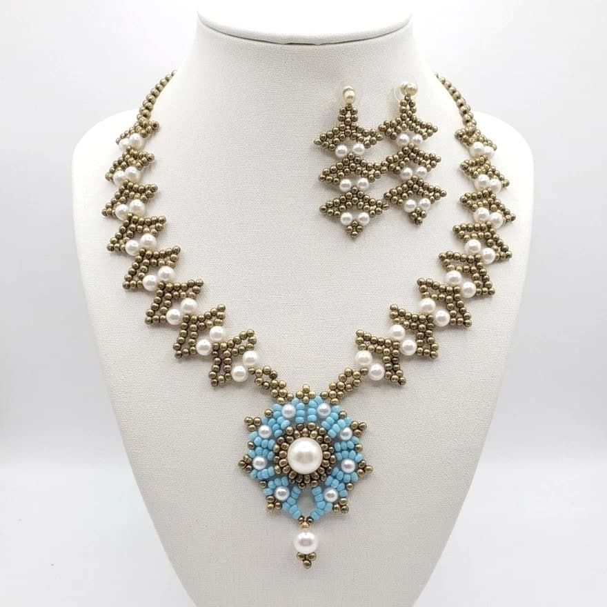 Vintage Brass Pearl Touch Class Earrings Craft Necklace Jewelry Set