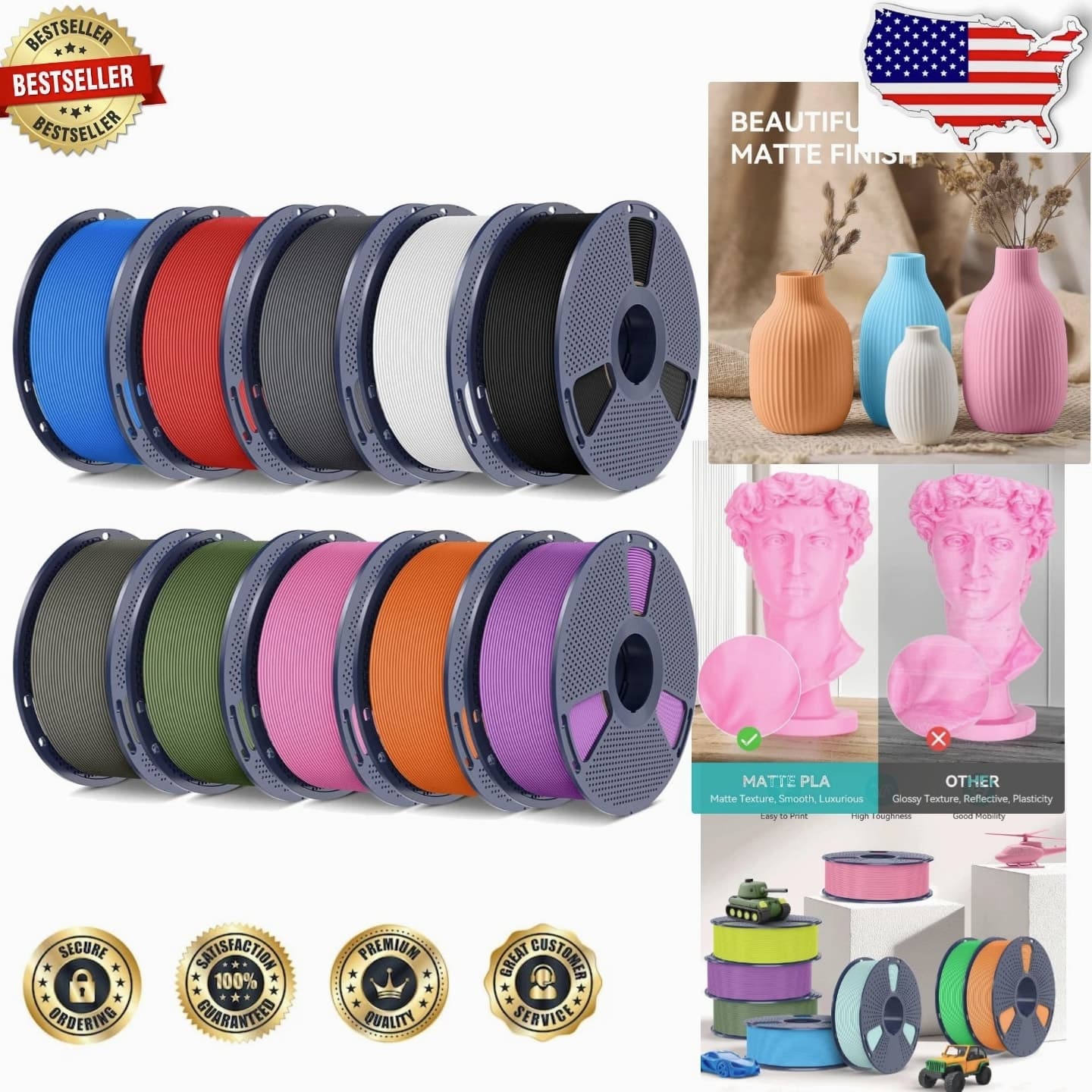 Premium 10KG PLA Filament 1.75mm - Matte Finish, 10 Colors, Simple Print