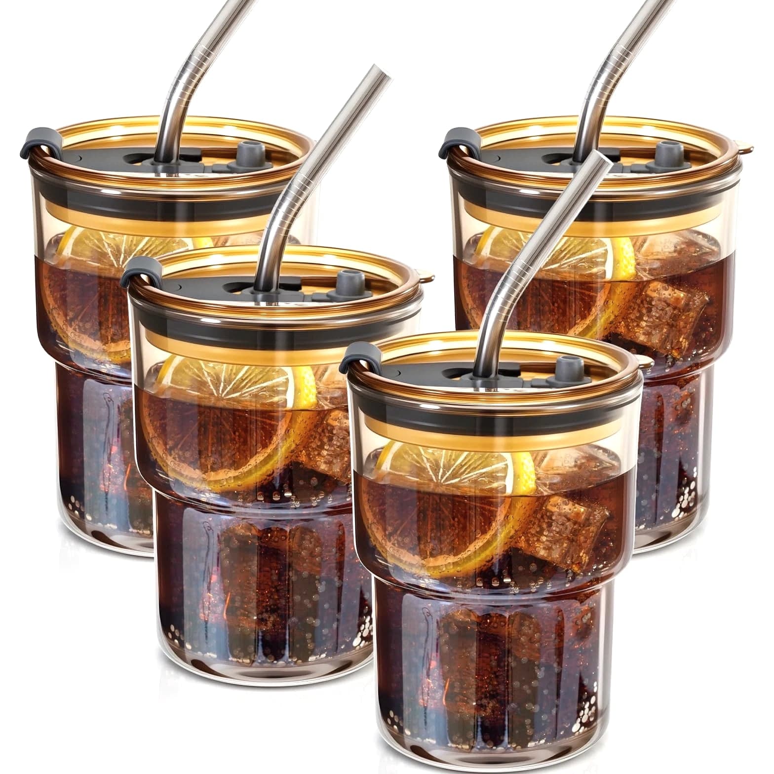 4-Pack Glass Tumbler with Lid and Straw, 13 oz Cute Iced Coffee Cup Set