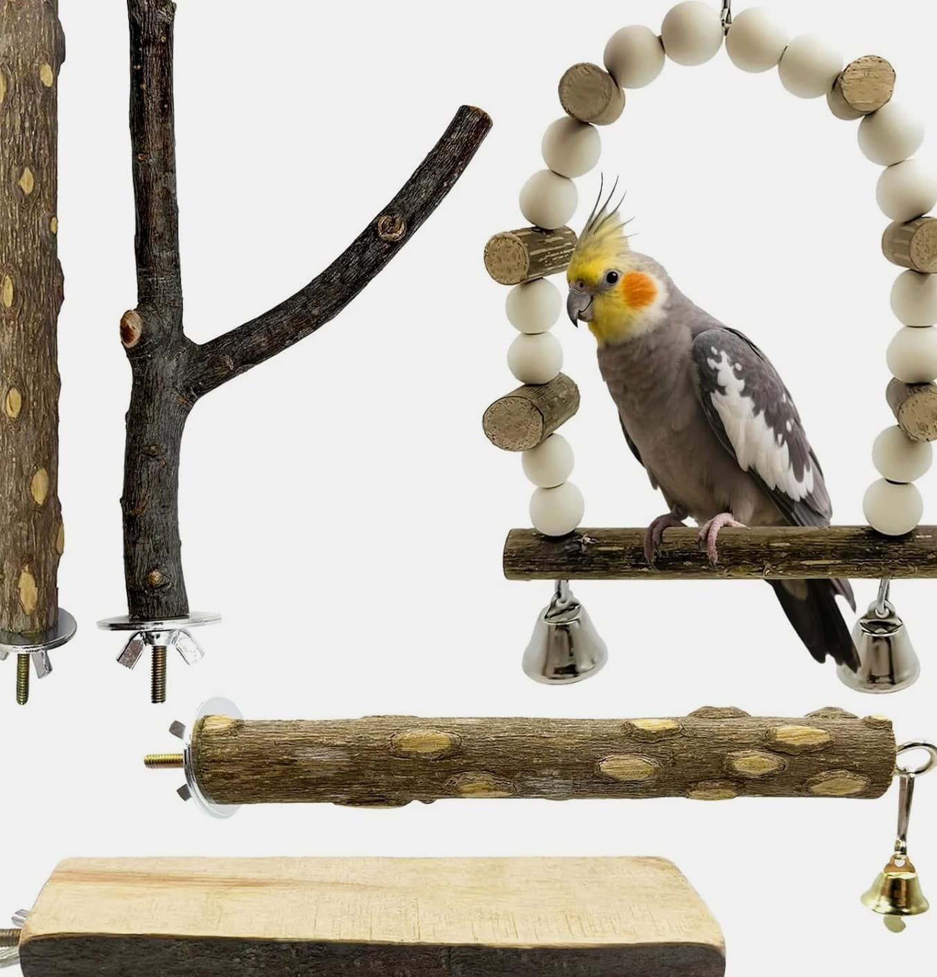 5 Pcs Natural Wooden Bird Perch Set – Parrot Perches, Cage Toys, Bird Accessories