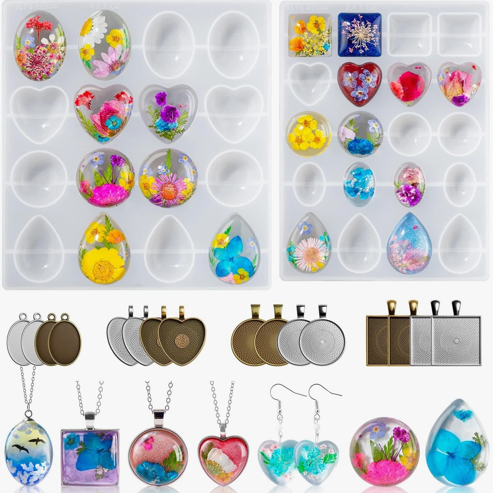 Cabochon Gems Resin Molds - 36 Cavities UV Resin Jewelry Making Kit with 16 Pendant Trays