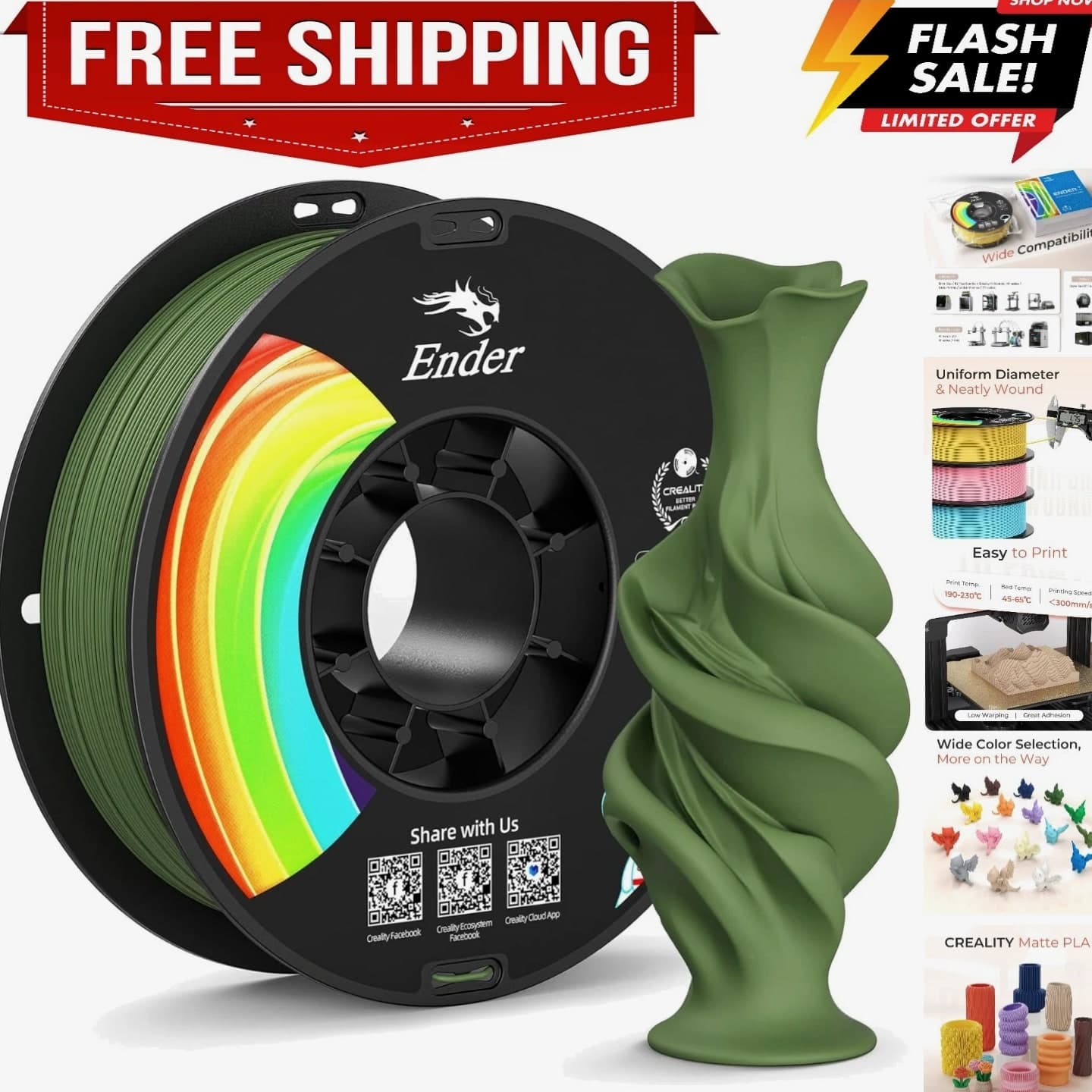 Creality Matte PLA Plus Filament 1.75mm Olive Green, Low Warping, Minimal...