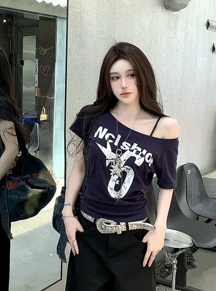 ZOYLEIR Y2K Off-Shoulder Crop Top Women Short Sleeve