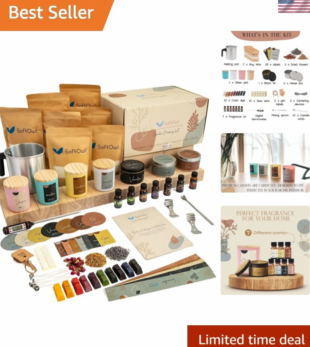 Soy Candle Making Kit - Complete Set with 7oz Jars & Tins, 7 Scents, Color Dyes