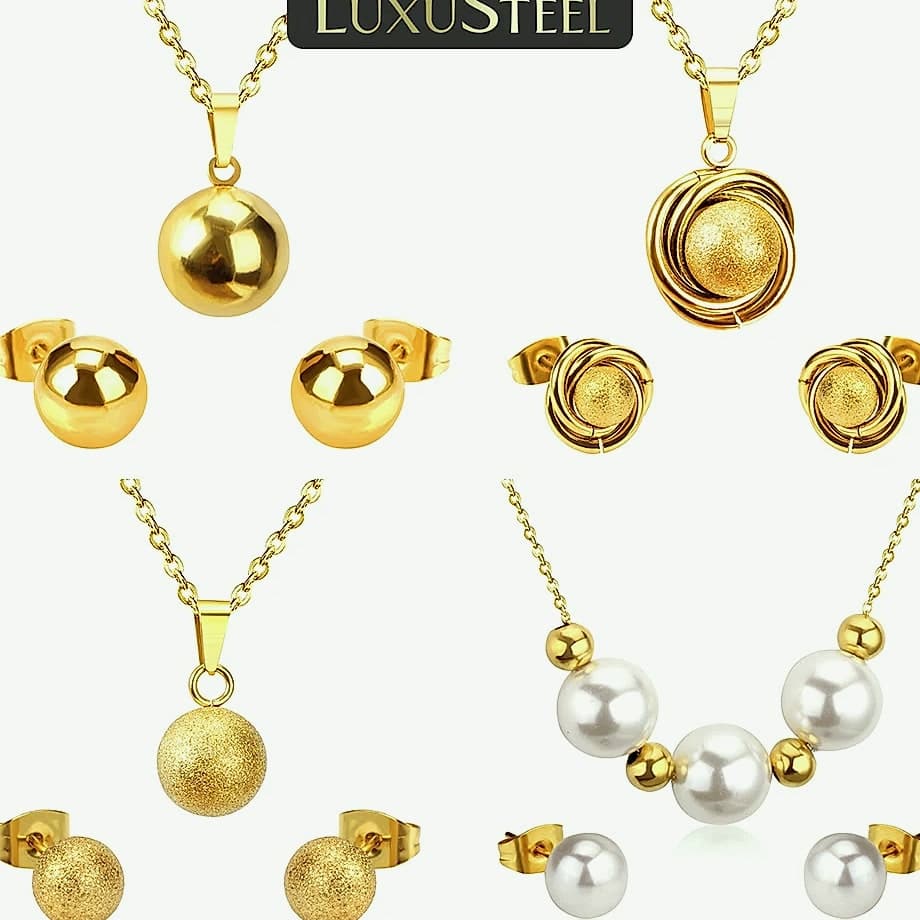 LUXUSTEEL Stainless Steel Round Ball Pendant Necklace Set