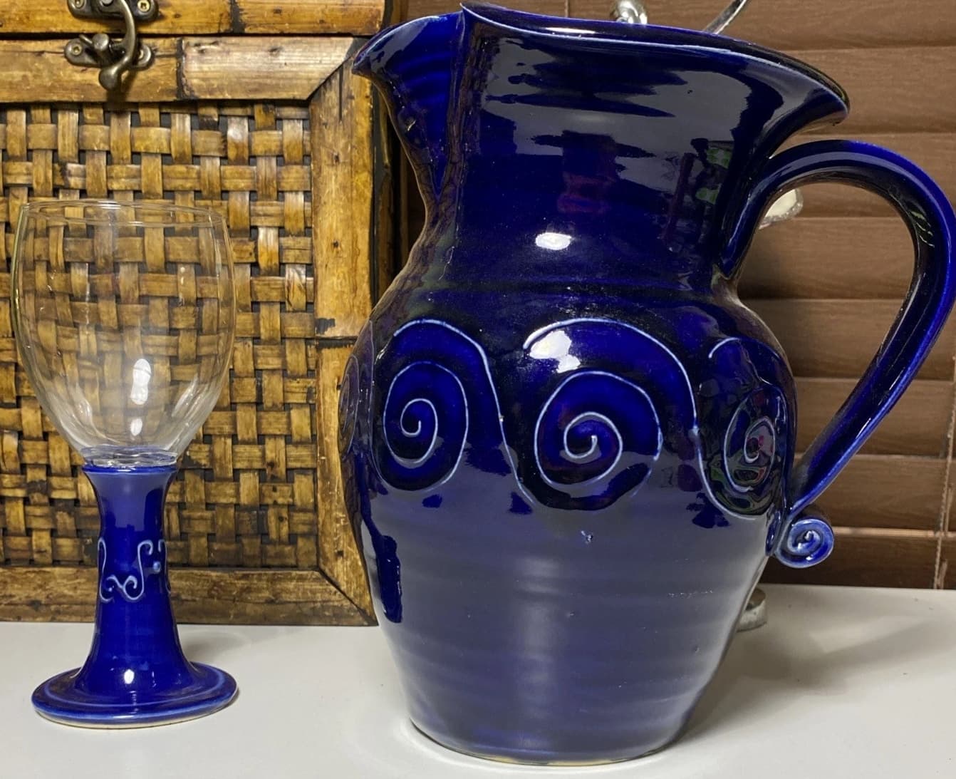 Studio pottery pitcher cobalt blue and glass Wine Glass - Statement Piece