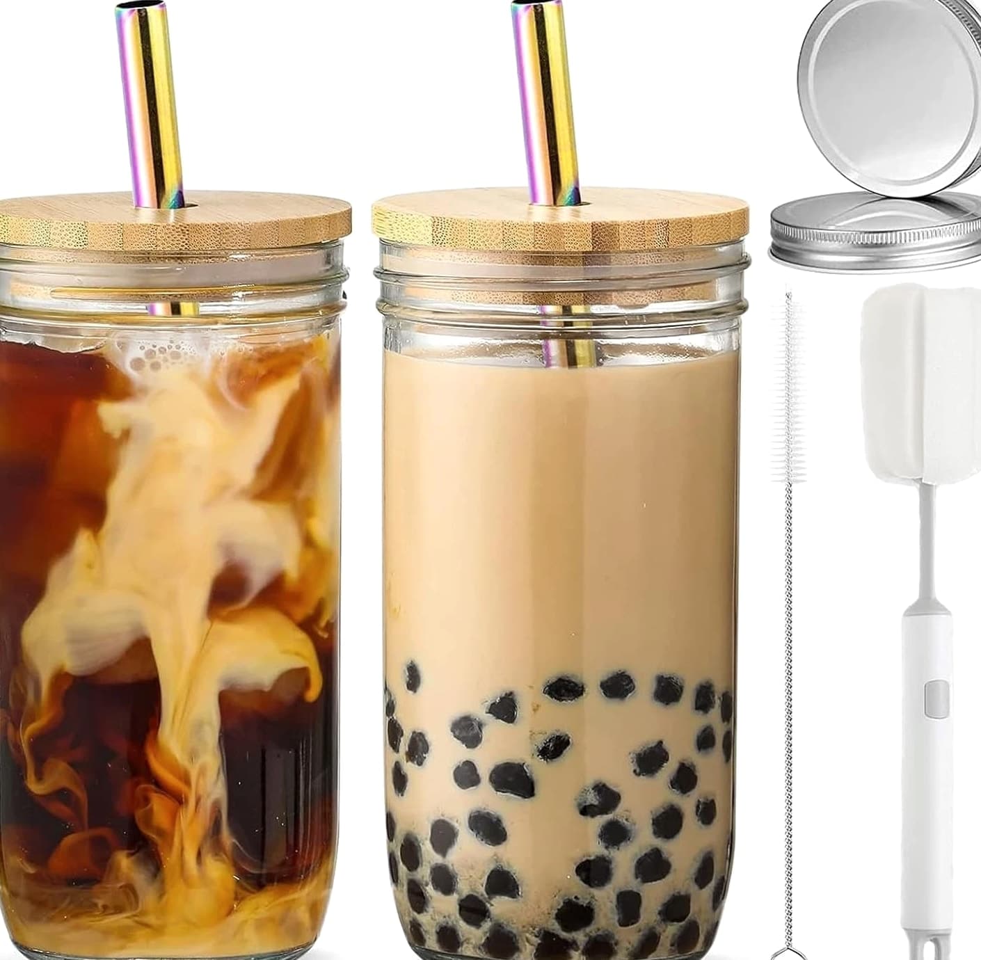 2 Pcs 24 oz Glass Cups With Bamboo Lids & Straws plus 2 Airtight Lids, Reusable