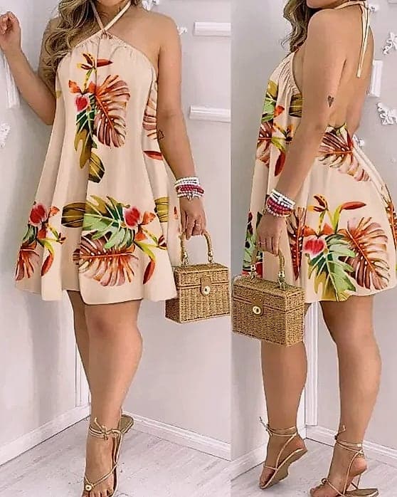 Floral Print Backless Halter Dress for Spring Summer